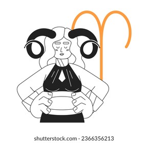 Aries zodiac sign monochrome concept vector spot illustration. Pretty woman with twisted horns 2D flat bw cartoon character for web UI design. Astrology isolated editable hand drawn hero image