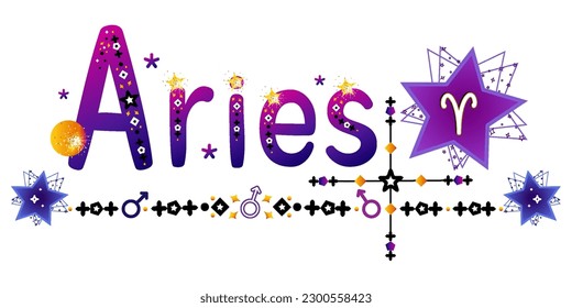 Aries. Signo zodiaco. Señal de la luna. Etiqueta de astrología. Señal de sol. Etiqueta astrológica. Estrellas espaciales planetas. Vector de horóscopo. Título védico de la señal. Insignia de astronomía. Ilustración bursátil. Texto de la carta. 