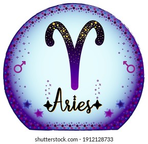 Signo de Aries zodiac. Etiqueta del cartel de la luna. Signo de astrología. Vector de horóscopo. Título védico de la señal. Etiqueta de astrología. Insignia de astronomía. Ilustración bursátil. Púrpura globo mágico. Estrellas y patrones.