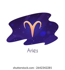 Aries zodiac sign on abstract cosmic, purple background with stars. Astrological symbol. Esoterics, mythology, horoscope, astronomy. Flat style. Vector illustration. Isolated background.
