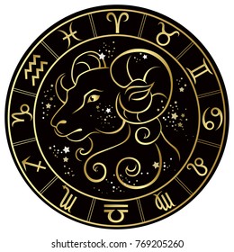 Aries. Zodiac sign on a dark background in a gold frame with stars. Vector illustration.