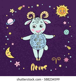 Aries zodiac sign on night sky background with stars, sun, moon and planets. Design elements for calendars or cards. Vector illustration in cartoon style