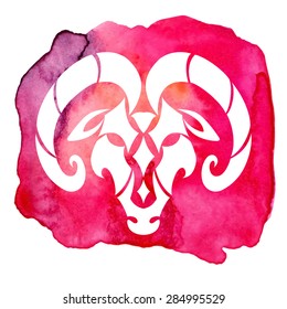 Aries zodiac sign on watercolor background. Vector Illustration 