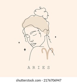 Aries zodiac sign. One line drawing. Astrological icon with abstract woman face. Mystery and esoteric outline logo. Horoscope symbol. Linear vector illustration in minimalist style.