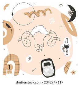 Aries zodiac sign one line. Modern minimalist art, aesthetic outline. Continuous line. For social networks, poster, banner, sticker. Retro aesthetic backgrounds. Abstract shapes in Matisse style.