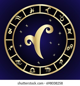 Aries zodiac sign in oval frame, vector Illustration. Contour icon.