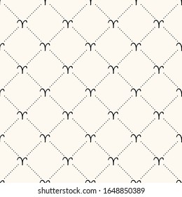 Aries zodiac sign and polka dot seamless vector pattern. Astrology background with horoscope sign. Mystic monocrome texture for fortunetelling concept