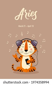 Aries zodiac sign. A postcard with a tiger, the symbol of 2022, the year of the tiger according to the lunar or Chinese calendar. Vector stock flat hand-drawn illustration 
