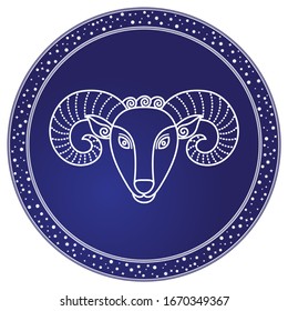 Aries zodiac sign of Ram and calligraphic inscription. Symbol used in horoscopes and astrology. March and april, spring months of ruling. Isolated icon in circle with lines. Vector in flat style