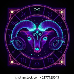 Aries zodiac sign represented by a ram as the fire of the spirit. Neon horoscope symbol in circle with other astrology signs around.