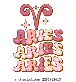 Aries zodiac sign. Retro wavy text horoscope design.