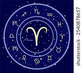 Aries zodiac sign in a starry circle, surrounded by all zodiac signs. Perfect for astrology themes, horoscope visuals, and celestial designs. Dark blue cosmic background.