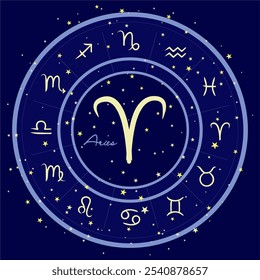 Símbolo do zodíaco de Áries em um círculo estrelado, rodeado por todos os signos do zodíaco. Perfeito para temas de astrologia, horóscopos visuais e desenhos celestes. Fundo cósmico azul escuro.