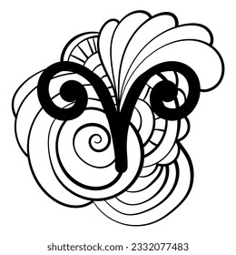 Aries zodiac sign symbol, abstract patterns page for coloring book or design vector illustration