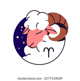 Aries zodiac sign. Symbol of horoscope in round shape. Astrology, stars calendar, constellation of sheep. Circle form of avatar for month emblem. Flat isolated vector illustration on white background