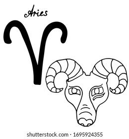 Aries zodiac sign, vector hand-drawn illustration isolated on white background. Suitable for tattoo, design, coloring, shirts, brand logo, badge, printed cups, cards.
