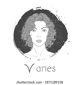 Aries zodiac sign. Vector illustration with a beautiful horoscope symbol girl on grunge ink background. Monochrome.