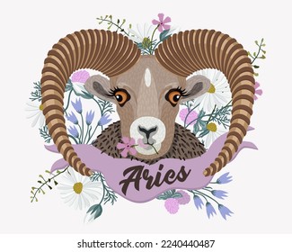 Aries. Zodiac sign. Vector isolated composition with lettering on light background. Horoscope concept. Ram with curled horns in flowers.