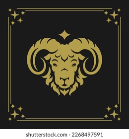 Aries zodiac sign vintage astrology silhouette line frame card design vector illustration. Mythology ram head horned mythic animal portrait horoscope esoteric sheep fortune prediction decor element