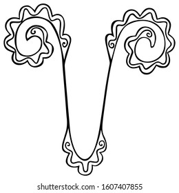 Aries zodiac sign with wavy patterns. Black and white astrological coloring page.  Isolated letter V.  Hand drawing. Vector.