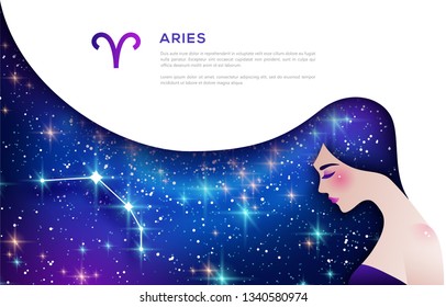 Aries zodiac sign web banner template. Astrological calendar symbol as female character. Space and stardust in hair. Connected stars and constellation vector illustration. Horoscope prediction article