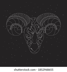 Aries zodiac sign white symbol on black background with stars. Abstract head of astrological sign Aries