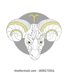 Aries zodiac sign white symbol on circle grey background. Abstract astrological sign aries