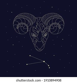 Aries zodiac sign white symbol on black background with stars. Abstract head of astrological sign Aries