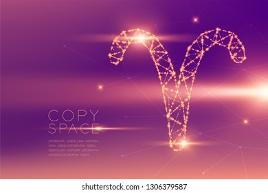 Aries Zodiac sign wireframe polygon futuristic bokeh light frame structure and lens flare, Fortune teller concept design illustration isolated on purple gradients background with copy space