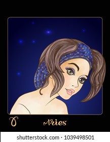 Aries zodiac sign. A young beautiful girl In the form of one of the signs of the zodiac. Colorful stock illustration.