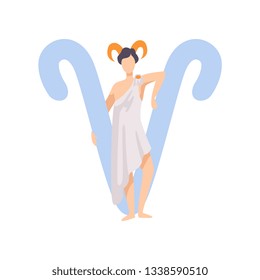 Aries Zodiac Sign, Young Man Wearing Clothes in Style of Ancient Greece Vector Illustration