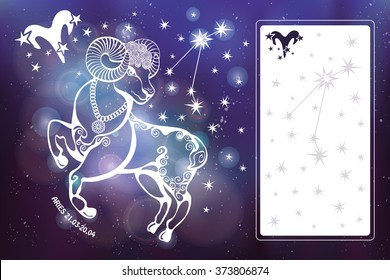 Aries Zodiac sign.Aries  Horoscope constellation,stars.Vector Abstract space, dark sky blurred background,stars,shiny bokeh.Design template,text room.Astrology Illustration,Aries silhouette

