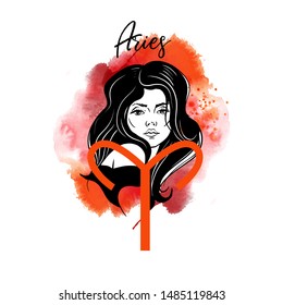 Aries zodiac signs as girl illustration. Hand drawn sketch and watercolor vector illustration.