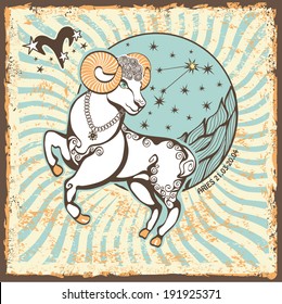 Aries  zodiac signs of Horoscope circle with constellation on shabby vintage background.Graphic Vector Illustration in retro style.  