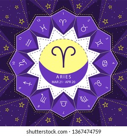 Aries. Zodiac signs outline style vector set on star sky background.