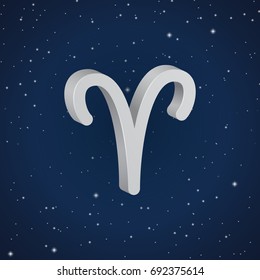 Aries zodiac symbol, 3D white zodiac icon on the background of dark blue starry sky