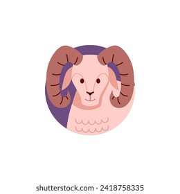 Aries zodiac symbol. Astrological zodiac icon, ram head vector illustration in purple circle frame. Flat design Horoscope Aries sign isolated on white background