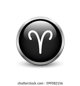 Aries zodiac symbol, black button with metal frame and shadow