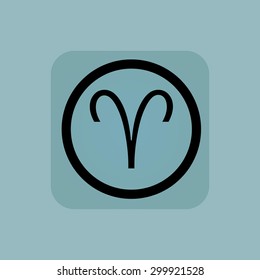 Aries zodiac symbol in circle, in square, on pale blue background