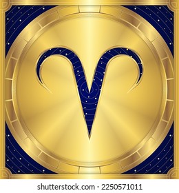 Aries Zodiac Symbol, Classic Luxury Golden Greek Meander, Stellar Star Sign, Horoscope Astrology Fortune-Telling and Future Prediction, Element Badge Icon Vector Design Illustration.