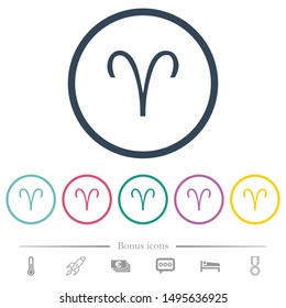 Aries zodiac symbol flat color icons in round outlines. 6 bonus icons included.