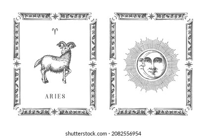 Aries zodiac symbol in frame, drawn horoscope card in engraving style. Vintage illustration of astrological sign with Sun and Crescent in vector.