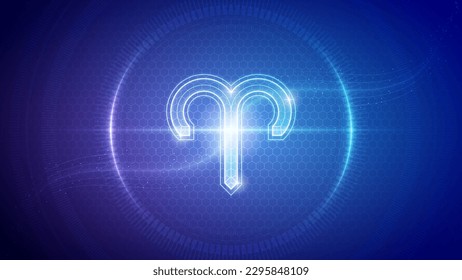 Aries Zodiac Symbol Futuristic Hologram Neon Glow Cybernetic Digital Translucent Horoscope, Astrology and Fortune-Telling Backdrop Background Illustration