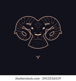 Aries zodiac symbol golden contour on dark background. Astrological zodiac sign, ram head. Flat design Horoscope symbol Aries silhouette vector illustration