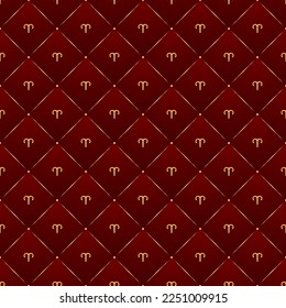 Aries Zodiac Symbol, Golden Luxury Seamless Velvet Lattice Pattern Geometric Backdrop Background, Fire Element Fabric Textile Diamond Tile Texture.