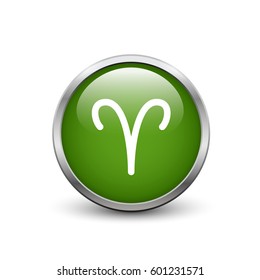 Aries zodiac symbol, green button with metal frame and shadow