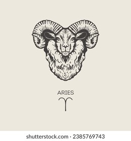 Aries zodiac symbol, hand drawn in engraving style. Vector retro illustration of astrological sign Ram.