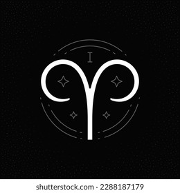 Aries zodiac symbol horoscope astrology esoteric line art vintage logo vector illustration. Ram sign astrological mythology sacred lunar calendar mythic celestial constellation star ornament design