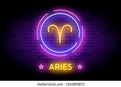 The Aries zodiac symbol, horoscope sign in trendy neon style on a wall. Aries astrology sign with light effects for web or print.