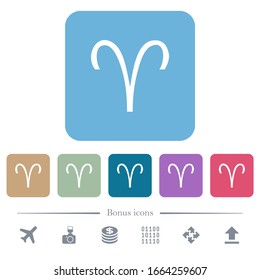 Aries zodiac symbol white flat icons on color rounded square backgrounds. 6 bonus icons included
